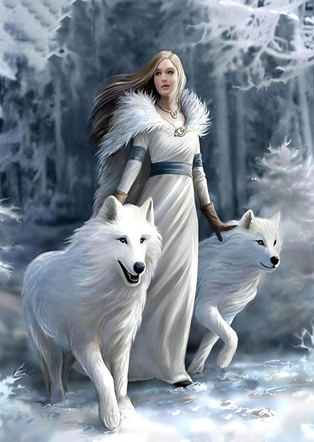 Een Mooie Vrouw en Twee Witte Wolven Diamond Painting