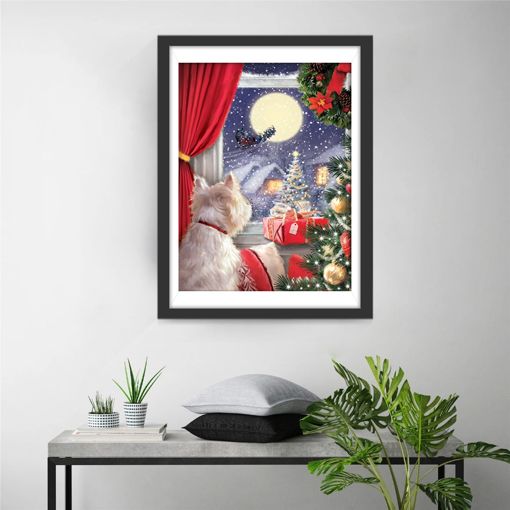 Een Nieuwsgierig Hondje kijkt naar de Maanverlichte Rendieren Diamond Painting
