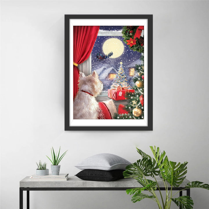 Een Nieuwsgierig Hondje kijkt naar de Maanverlichte Rendieren Diamond Painting