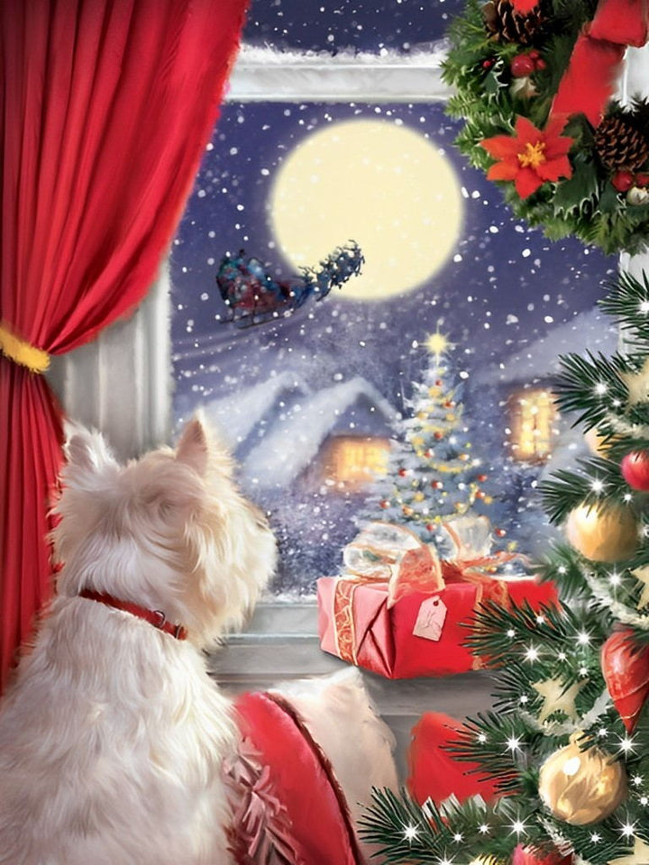 Een Nieuwsgierig Hondje kijkt naar de Maanverlichte Rendieren Diamond Painting