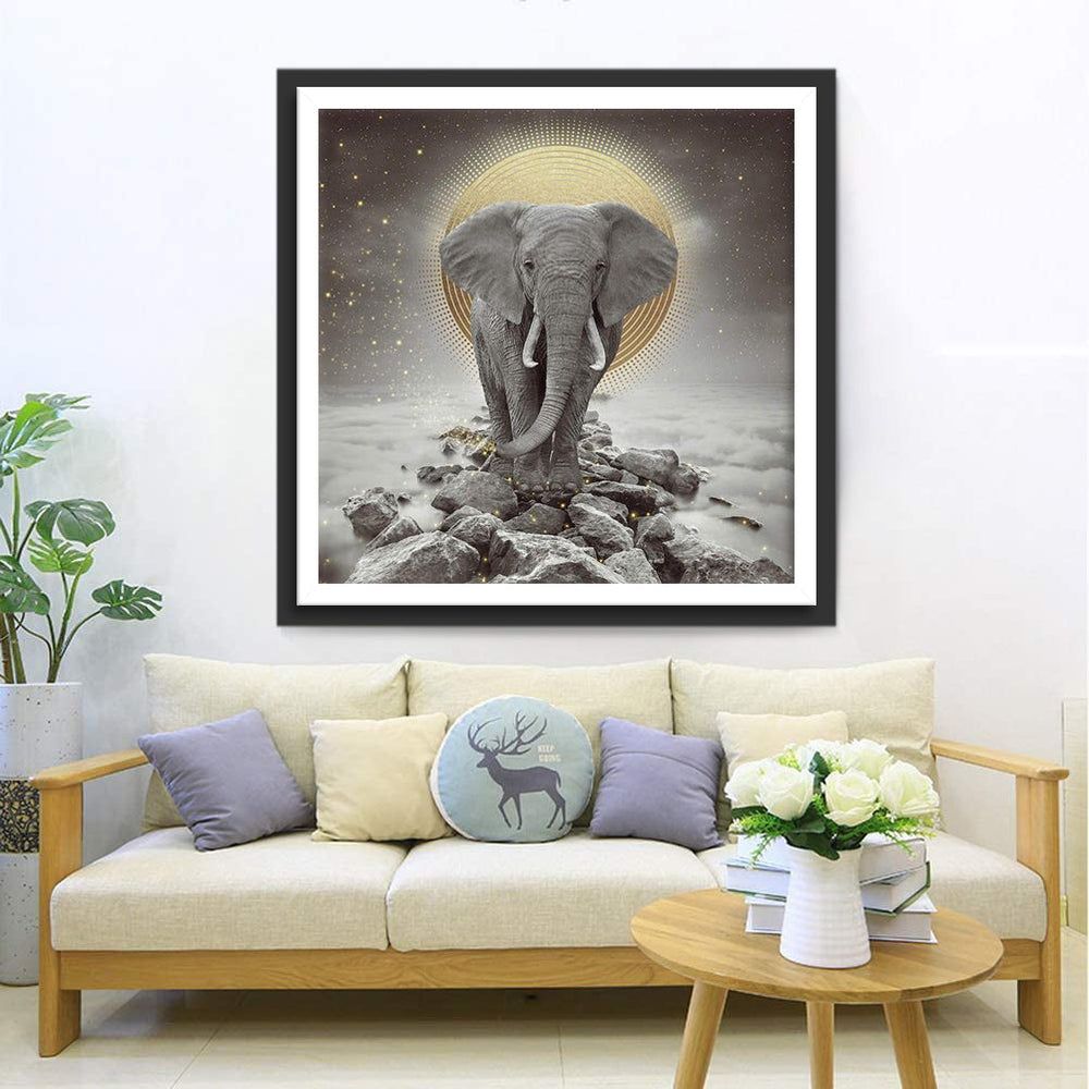 Een Olifant Staat op Stenen voor een Ronde Schijf Diamond Painting