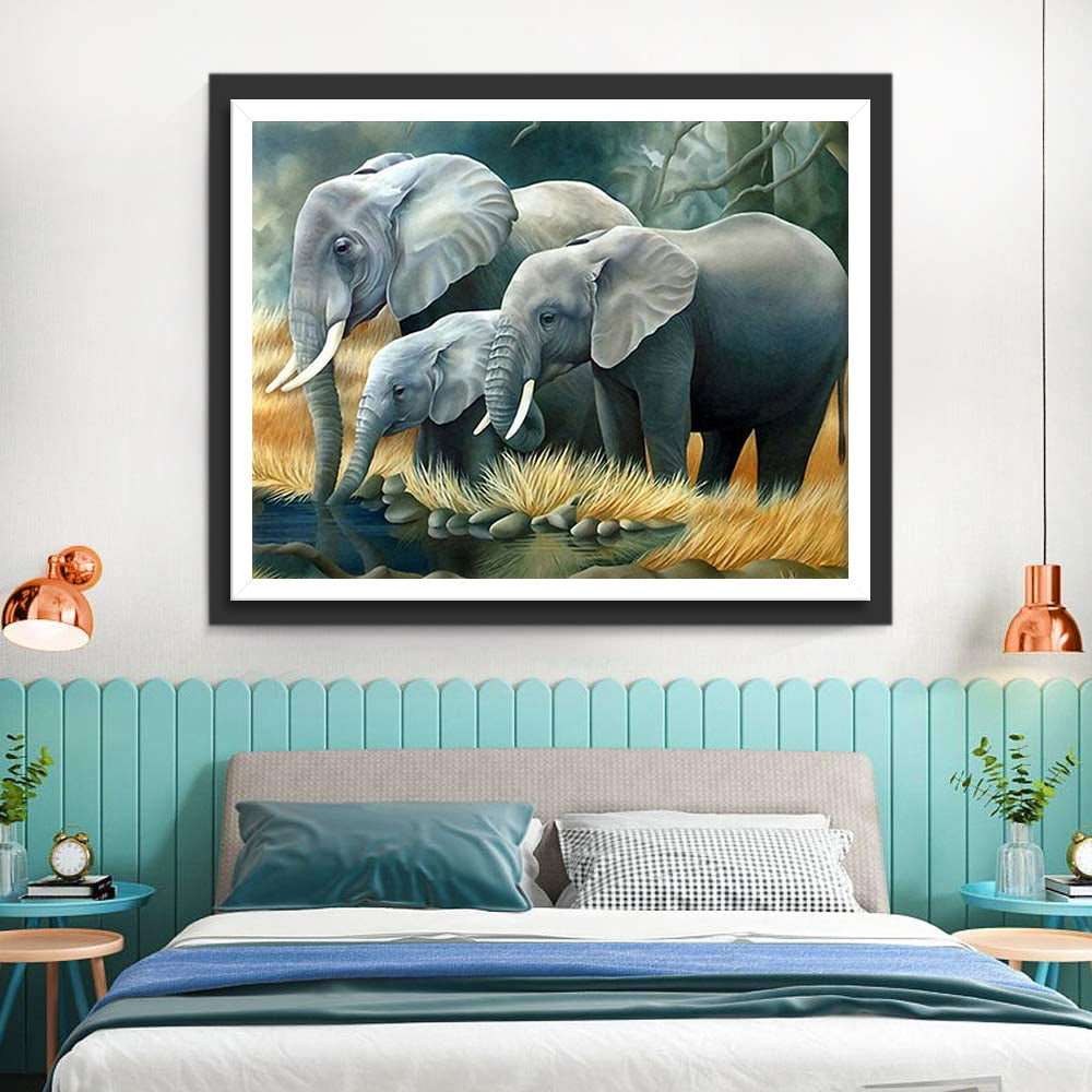 Een Olifantenfamilie bij de Rivier Diamond Painting