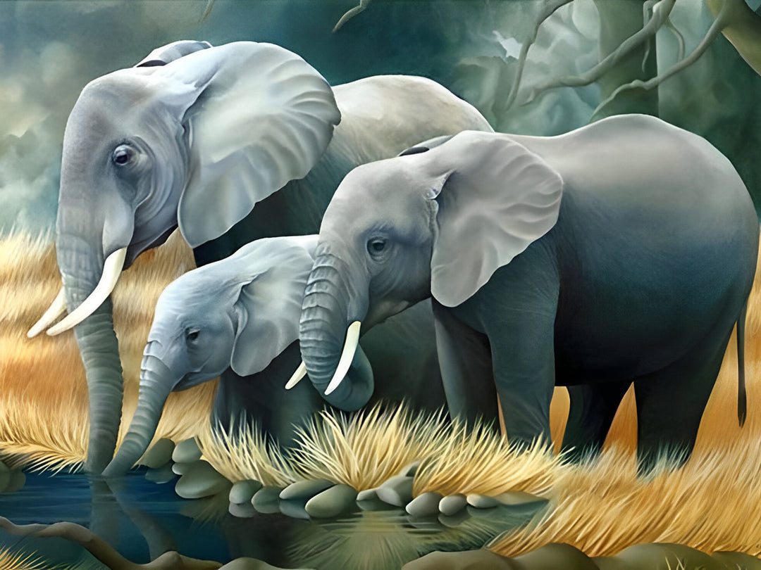 Een Olifantenfamilie bij de Rivier Diamond Painting
