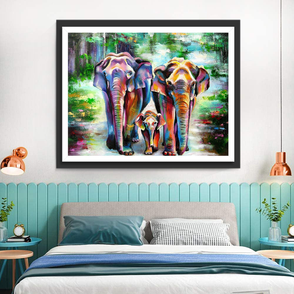 Een Olifantenfamilie op een Bospad Diamond Painting
