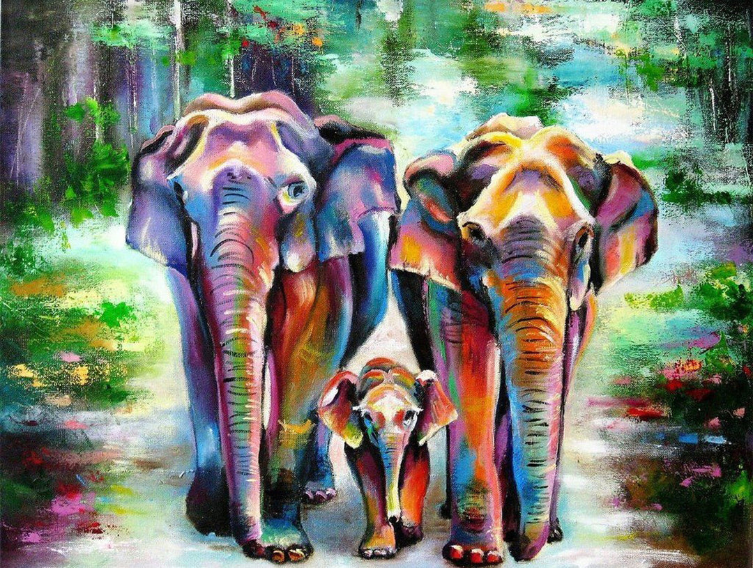 Een Olifantenfamilie op een Bospad Diamond Painting