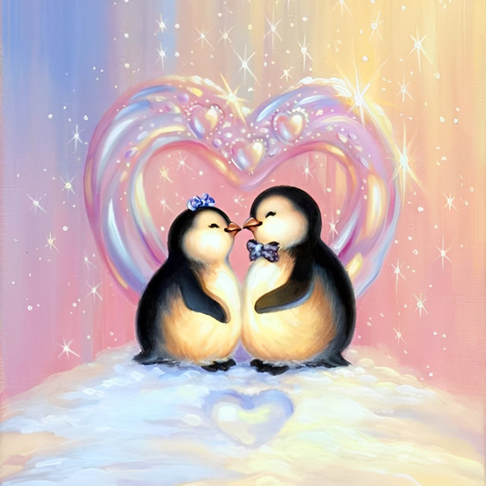 Een Ondeugend Pinguïnkoppel in de Sneeuw Diamond Painting