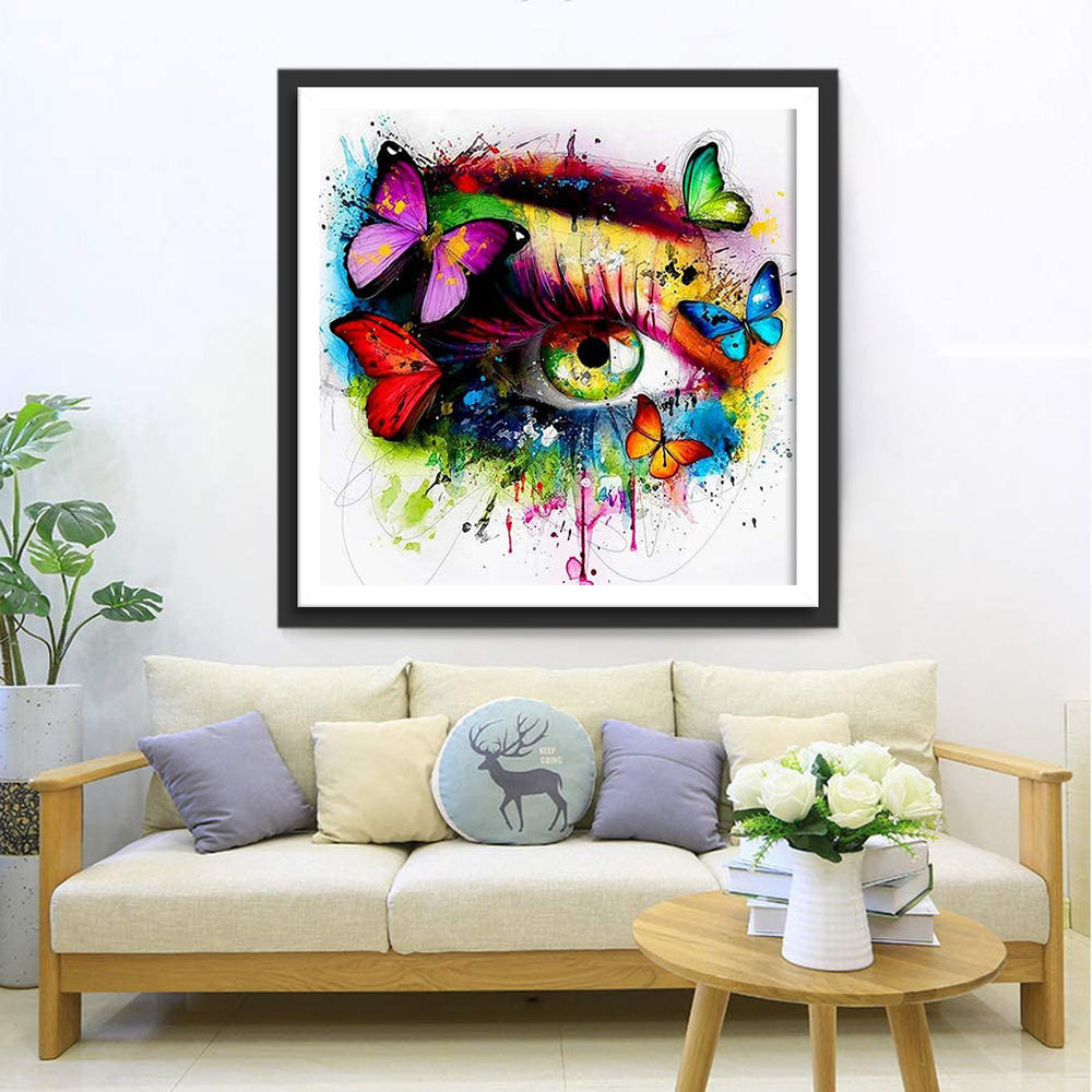 Een Oog omringd door Verfspatten en Vlinders Diamond Painting