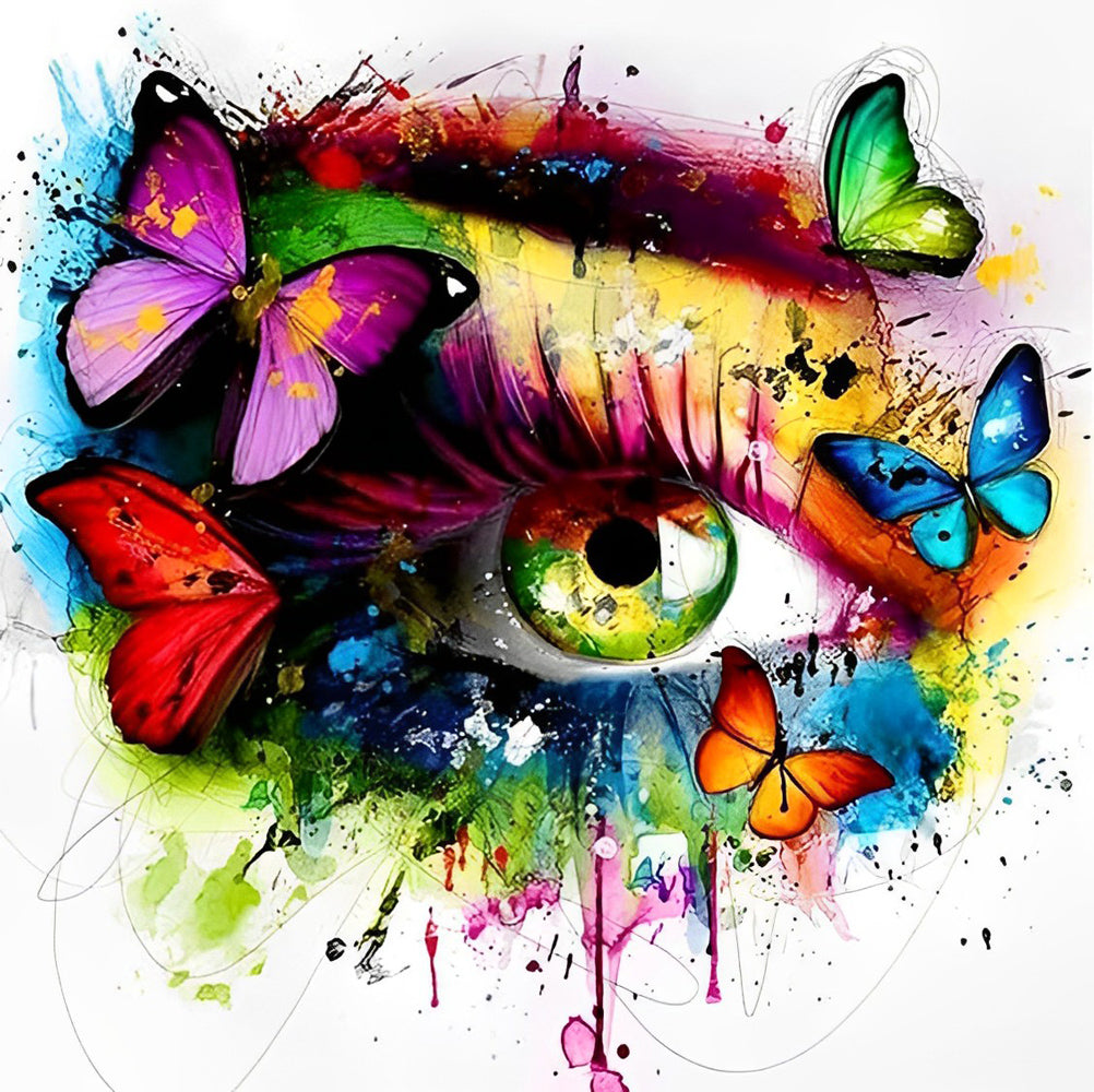 Een Oog omringd door Verfspatten en Vlinders Diamond Painting