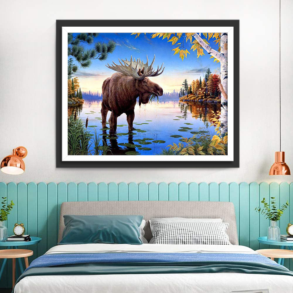 Een Oud Hert in het Meer Diamond Painting