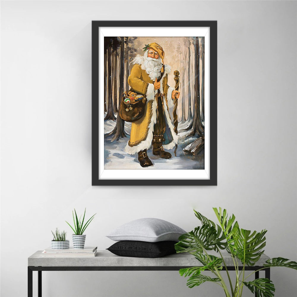 Een Oude Man in Gele Kleren met een Wandelstok in het Bos Diamond Painting