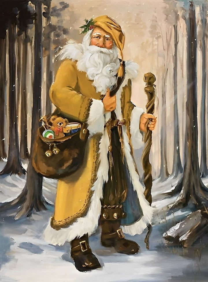 Een Oude Man in Gele Kleren met een Wandelstok in het Bos Diamond Painting