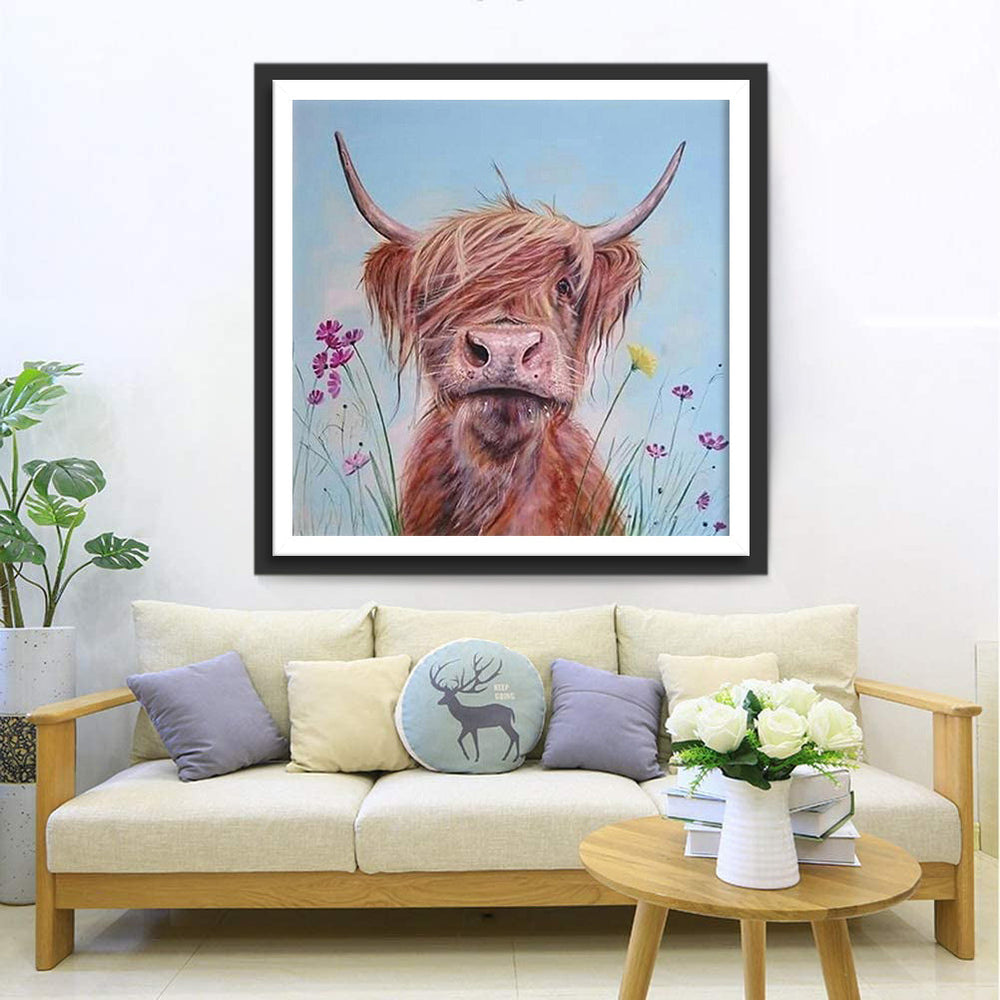 Een Oude Os tussen de Bloemen Diamond Painting