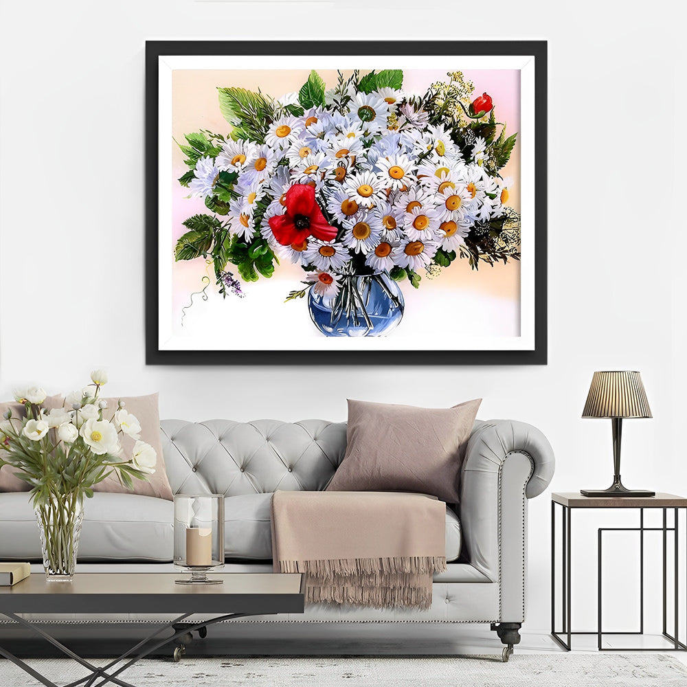 Een Overvloed van Witte Madeliefjes met Rode Pioenrozen in Vaas Diamond Painting