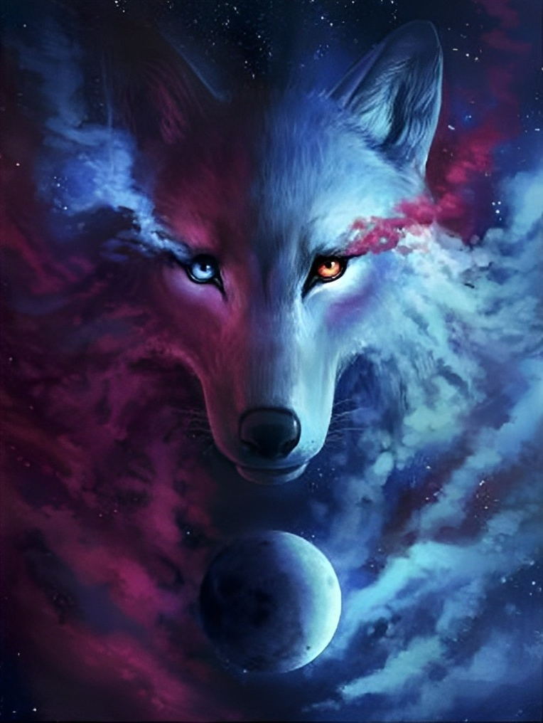 Een Paarse en Blauwe Wolf Diamond Painting