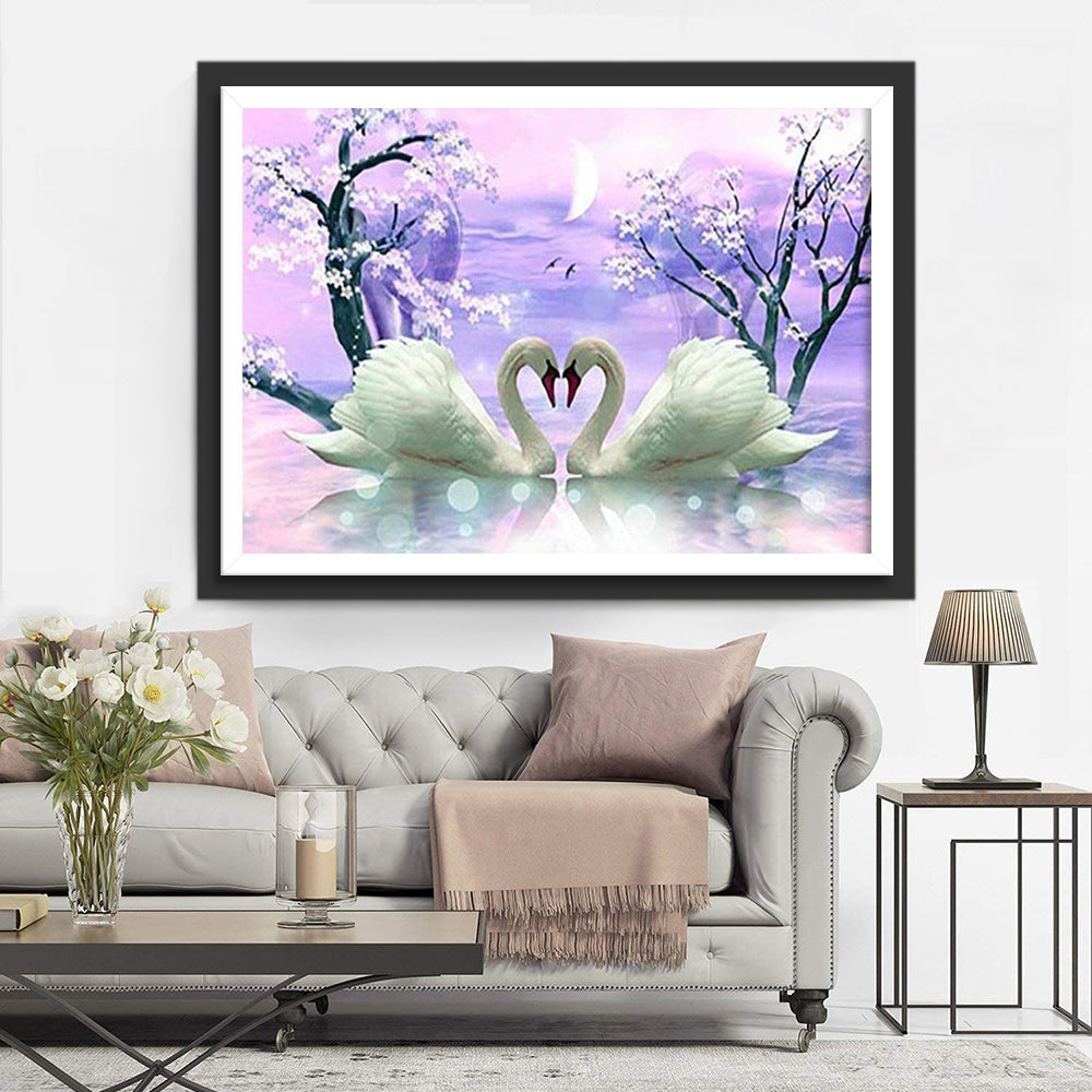 Een Paarse Lucht en Twee Zwanen onder de Boom Diamond Painting