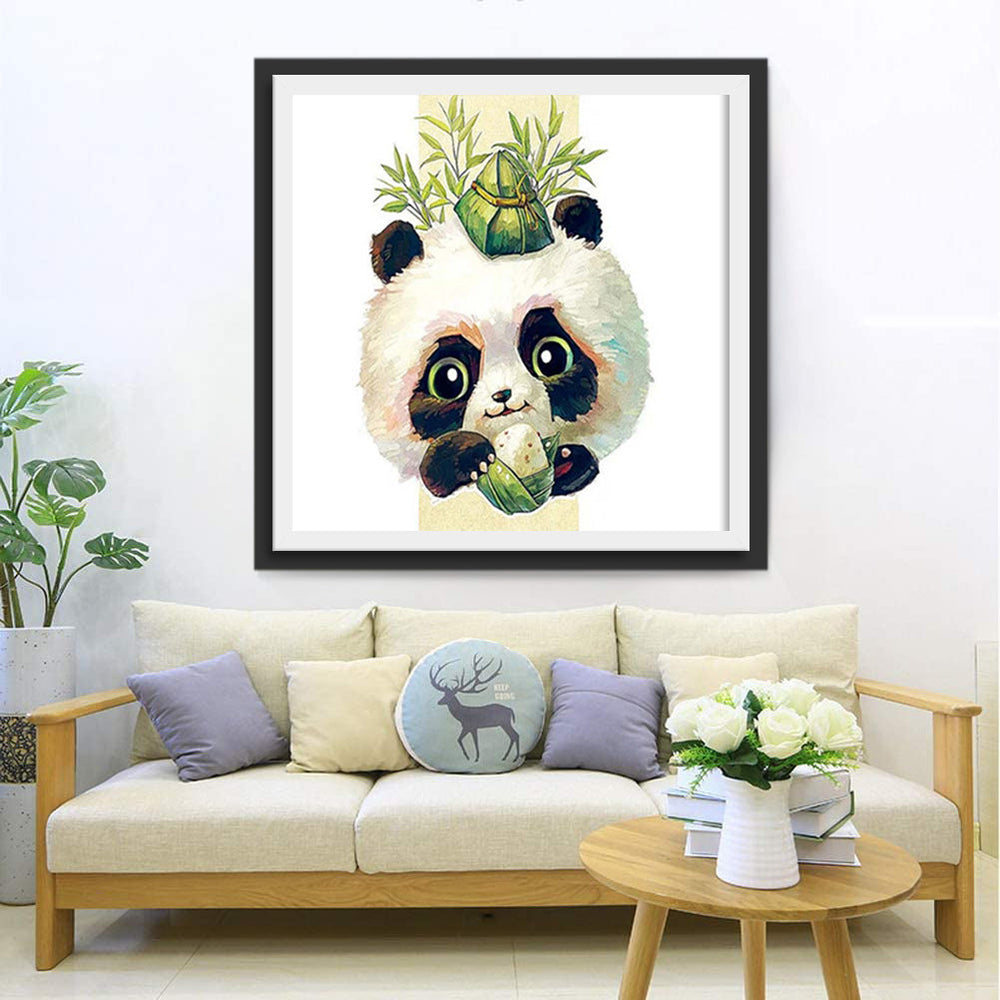 Een Panda die een Rijstdumpling op zijn Kop Draagt en Rijstdumplings Eet Diamond Painting