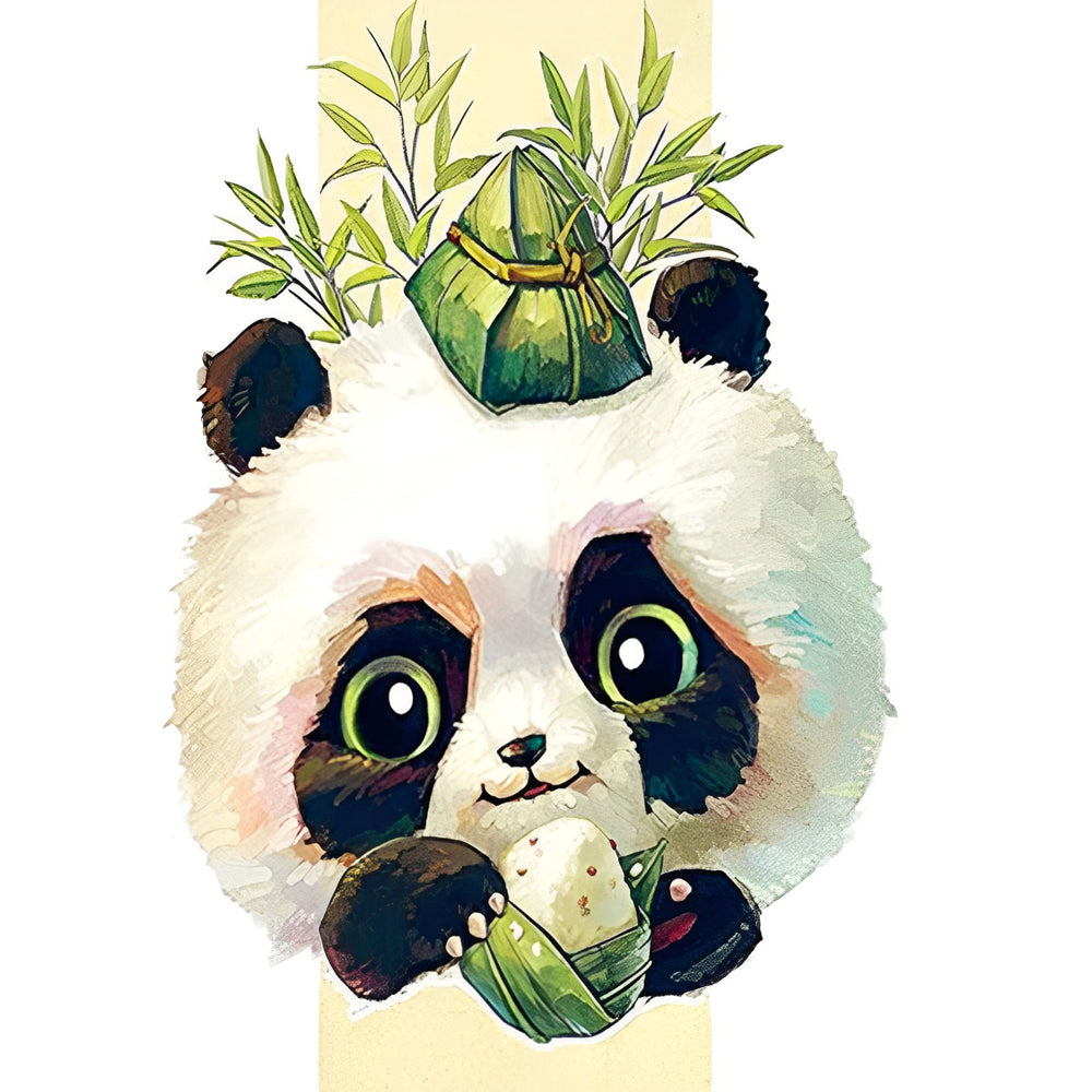 Een Panda die een Rijstdumpling op zijn Kop Draagt en Rijstdumplings Eet Diamond Painting