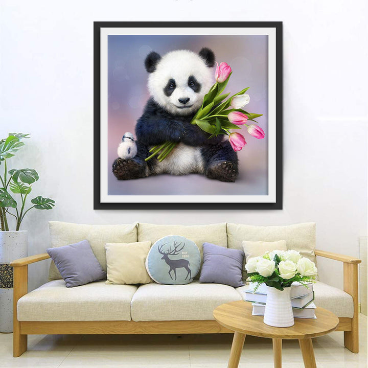 Een Panda met een Tulp in zijn Armen Diamond Painting