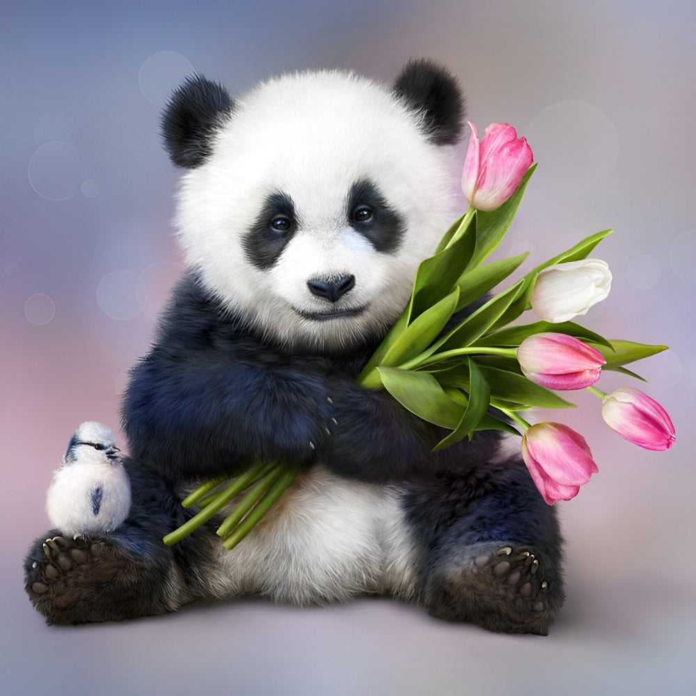Een Panda met een Tulp in zijn Armen Diamond Painting