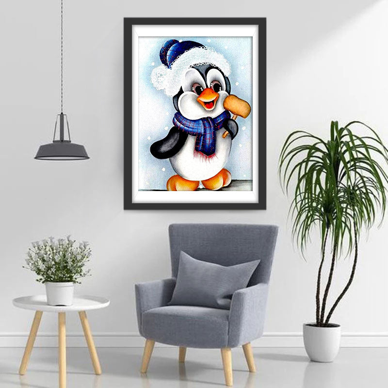 Een Pinguïn in Winterkleding met een Paddenstoel Diamond Painting