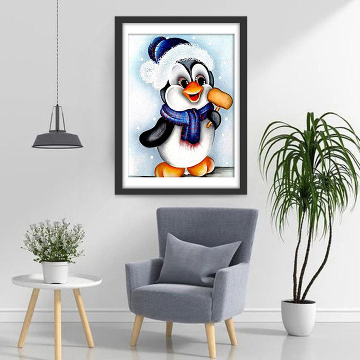 Een Pinguïn in Winterkleding met een Paddenstoel Diamond Painting