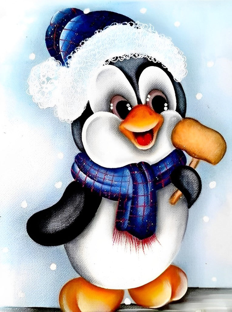Een Pinguïn in Winterkleding met een Paddenstoel Diamond Painting