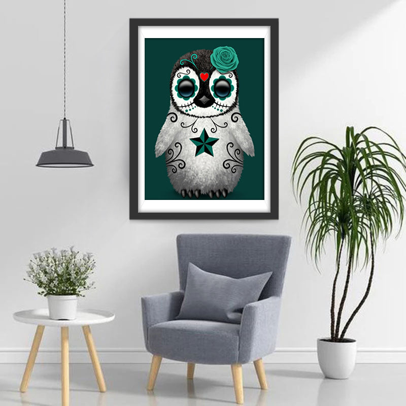 Een Pinguïn met een Groene Bloem en Patronen op zijn Lichaam Diamond Painting