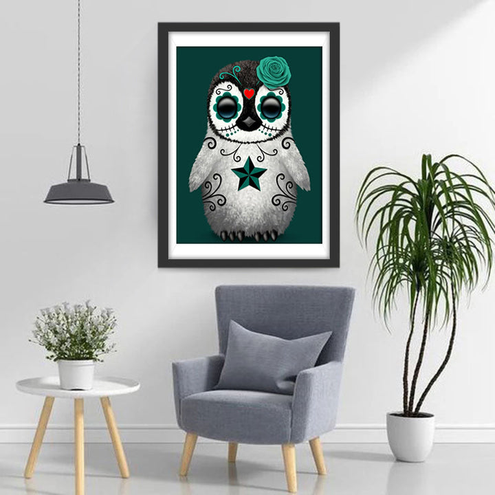 Een Pinguïn met een Groene Bloem en Patronen op zijn Lichaam Diamond Painting
