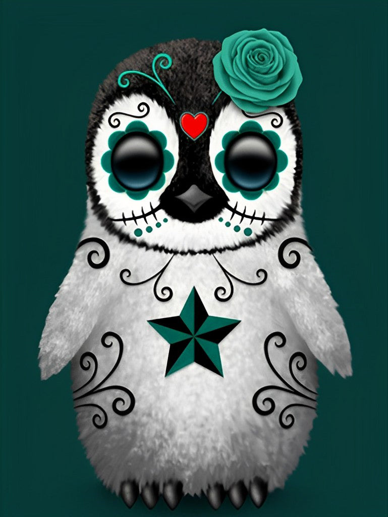 Een Pinguïn met een Groene Bloem en Patronen op zijn Lichaam Diamond Painting