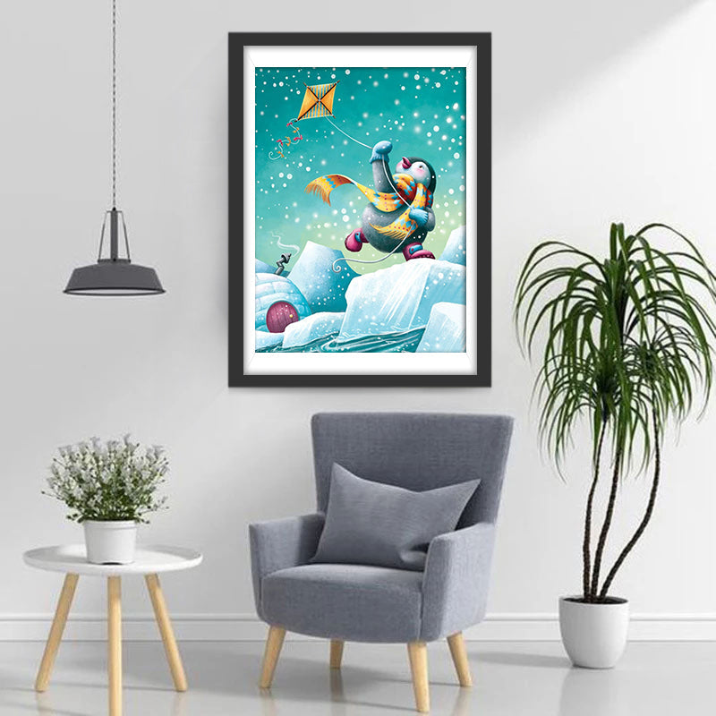 Een Pinguïn met een Sjaal laat een Vlieger Viegen Diamond Painting