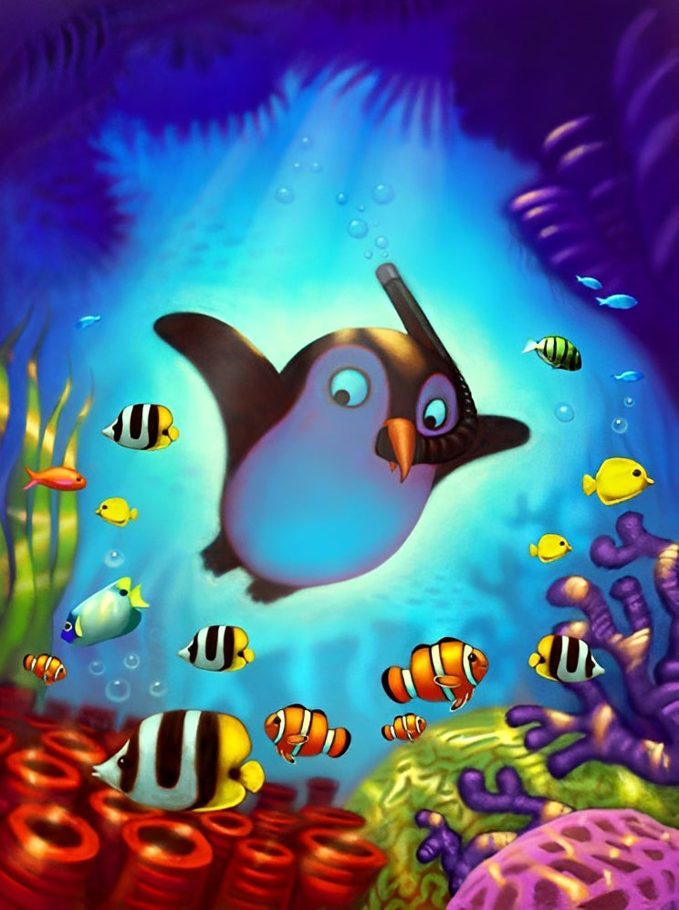 Een Pinguïn observeert het Zeeleven in de Zee Diamond Painting
