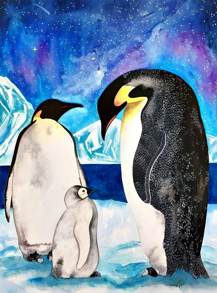 Een Pinguïnfamilie onder een Prachtige Sterrenhemel Diamond Painting