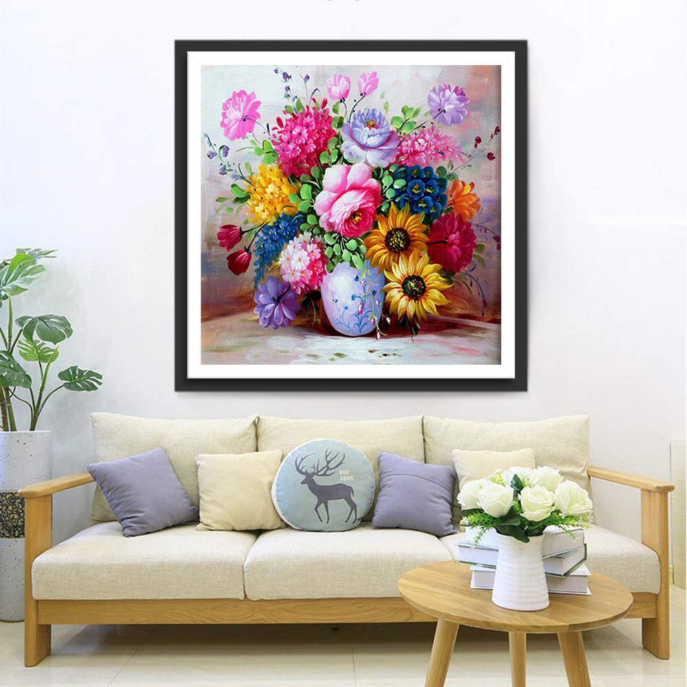 Een Pot met Kleurrijke Bloemen van Verschillende Soorten Diamond Painting