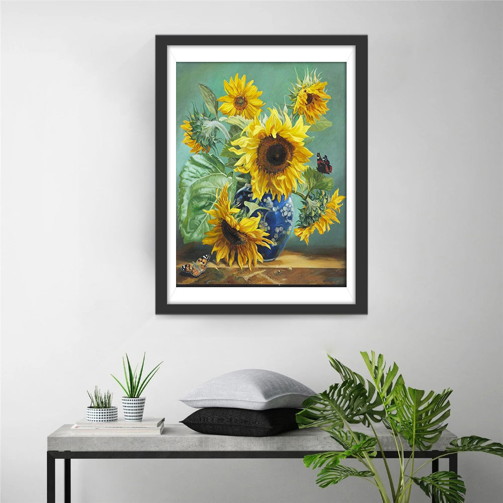Een Pot met Zonnebloemen en Vlinders Diamond Painting