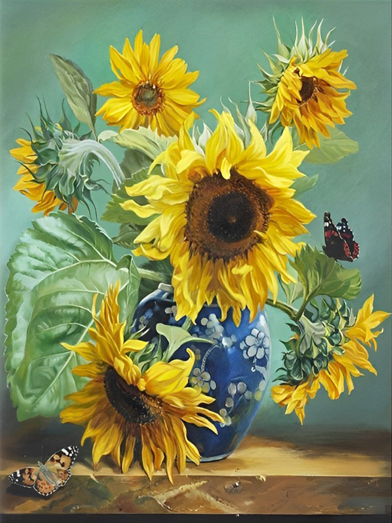 Een Pot met Zonnebloemen en Vlinders Diamond Painting