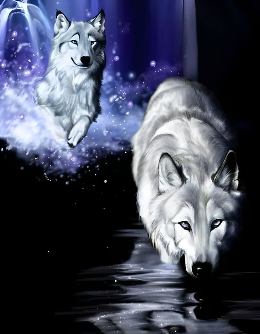 Een Rennende en een Springende Wolf Diamond Painting