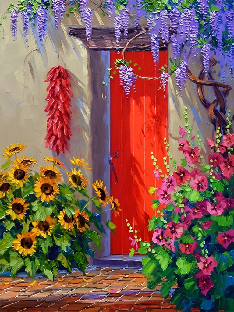 Een Rode Deur omringd door Kleurrijke Bloemen Diamond Painting