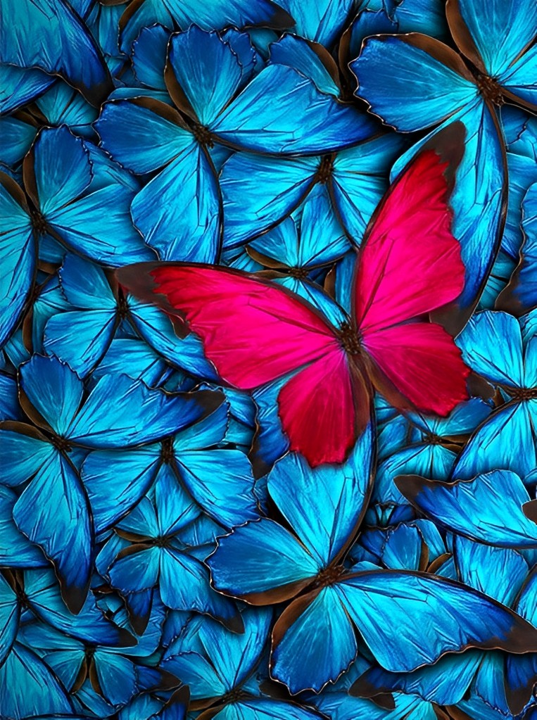 Een Rode Vlinder en een Zwerm Blauwe Vlinders Diamond Painting