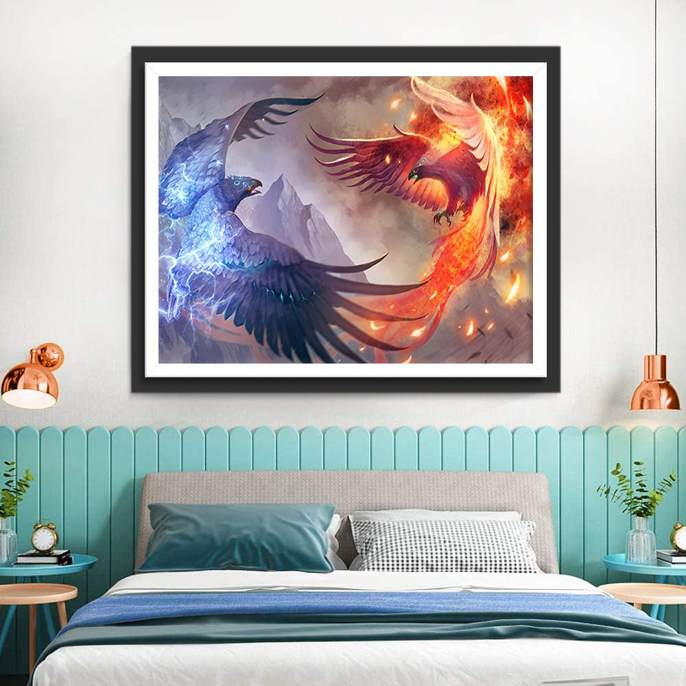 Een Rode Vuurvogel en een Blauwe Streamer Diamond Painting