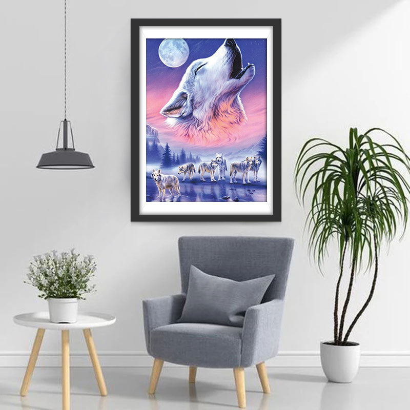 Een Roedel Wolven op de Rivier met Wolvengehuil op de Achtergrond Diamond Painting