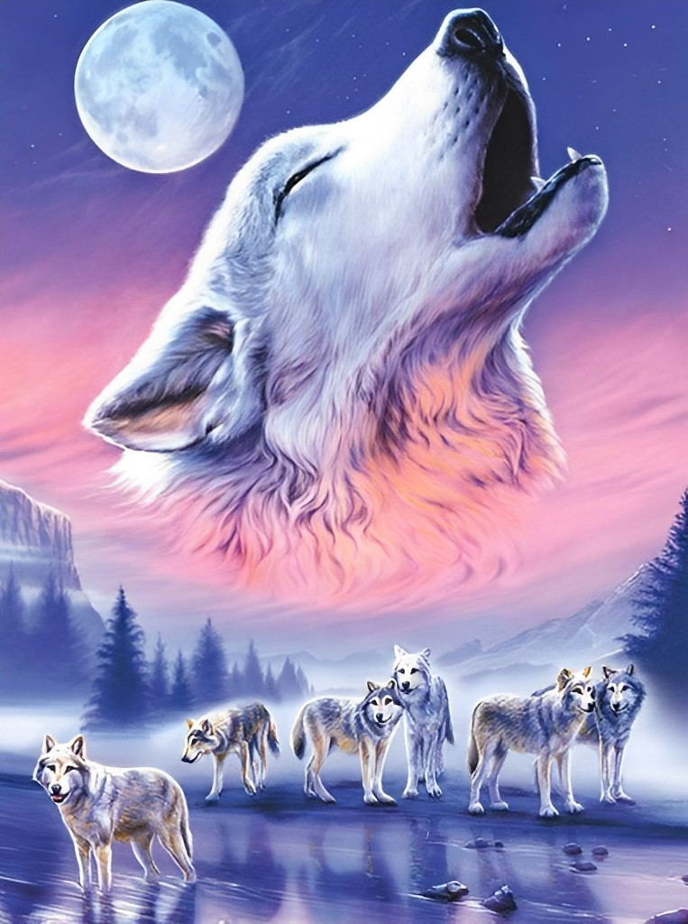 Een Roedel Wolven op de Rivier met Wolvengehuil op de Achtergrond Diamond Painting