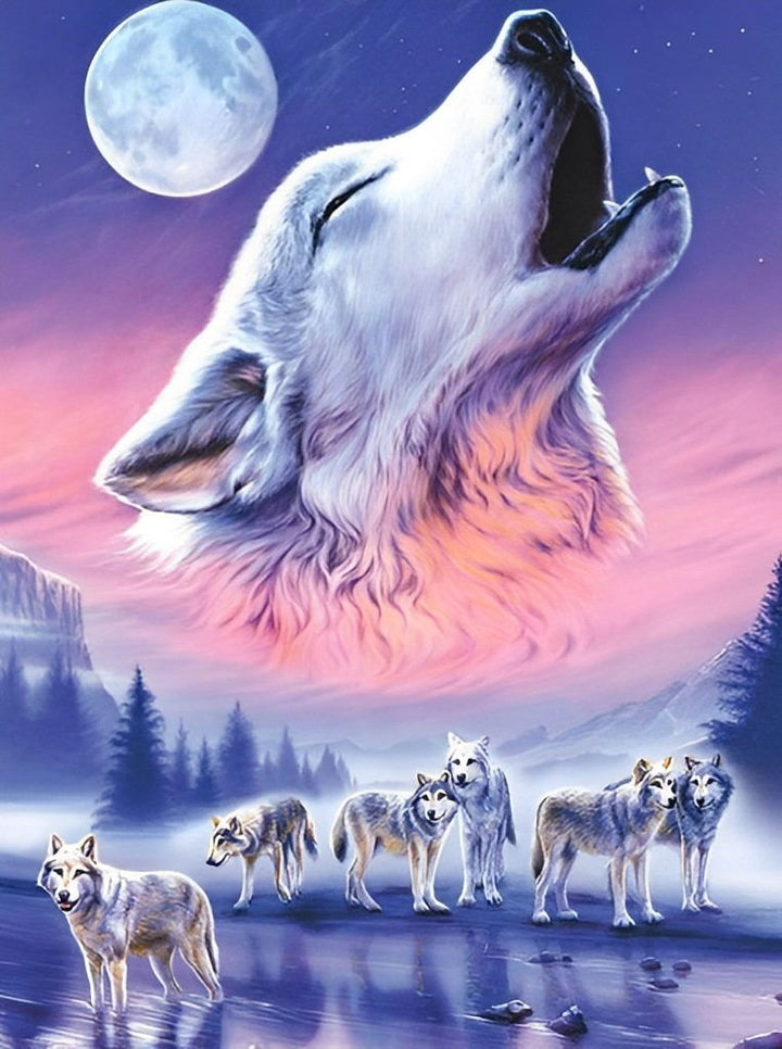 Een Roedel Wolven op de Rivier met Wolvengehuil op de Achtergrond Diamond Painting