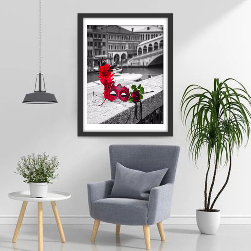Een Rood Masker aan de Rivieroever Diamond Painting