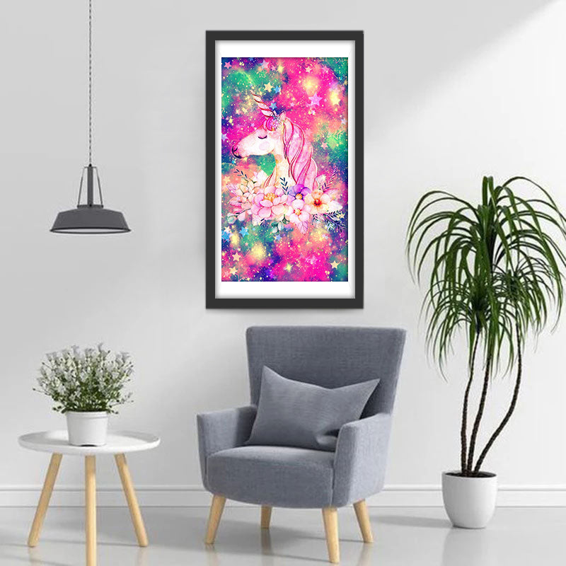 Een Roze Eenhoorn tegen een Kleurrijke Achtergrond Diamond Painting