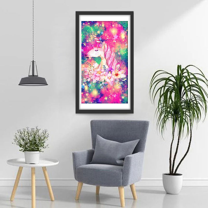 Een Roze Eenhoorn tegen een Kleurrijke Achtergrond Diamond Painting