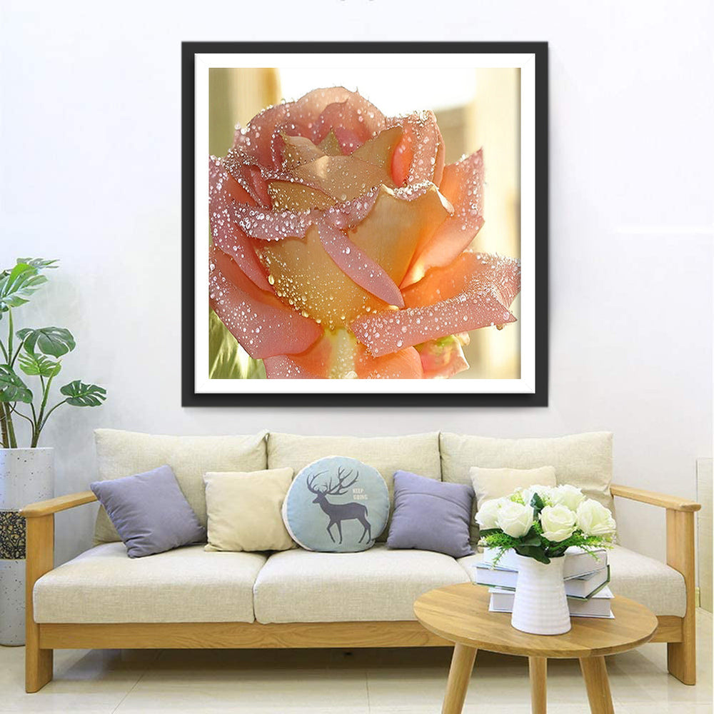 Een Roze Roos Bedekt met Dauwdruppels Diamond Painting