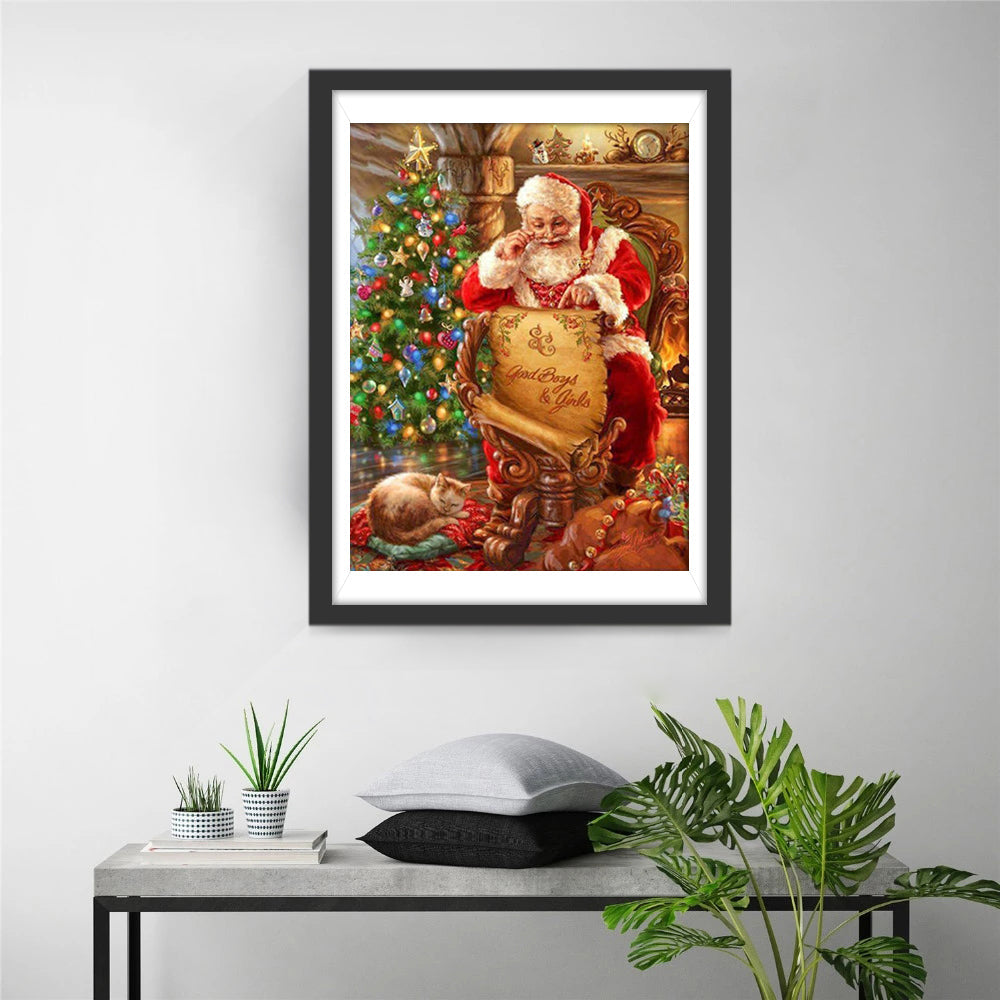 Een Rustig Slapende Poes bij Santa's Kerstlijst-studie Diamond Painting