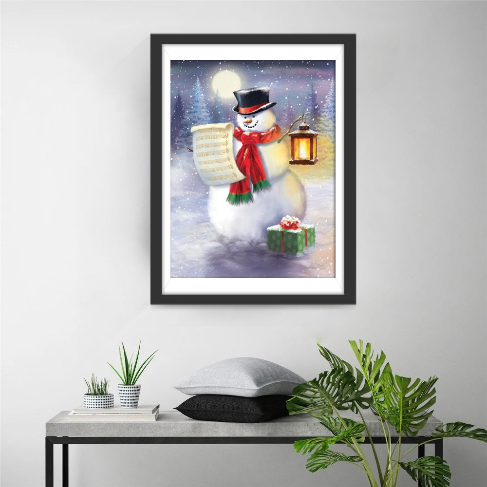 Een Sneeuwpop met Cadeautjes en een Lijst Diamond Painting