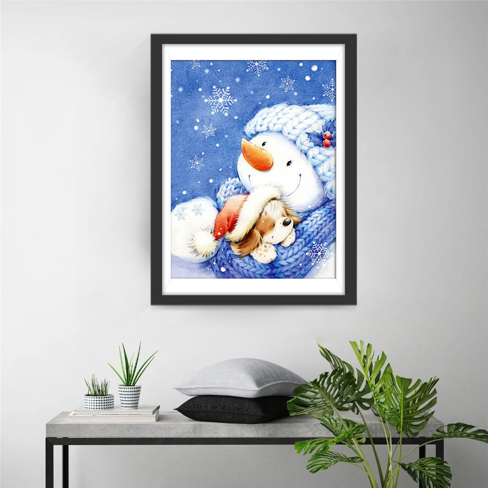 Een Sneeuwpop met een Blauwe Muts die een Gevlekt Hondje Vasthoudt Diamond Painting