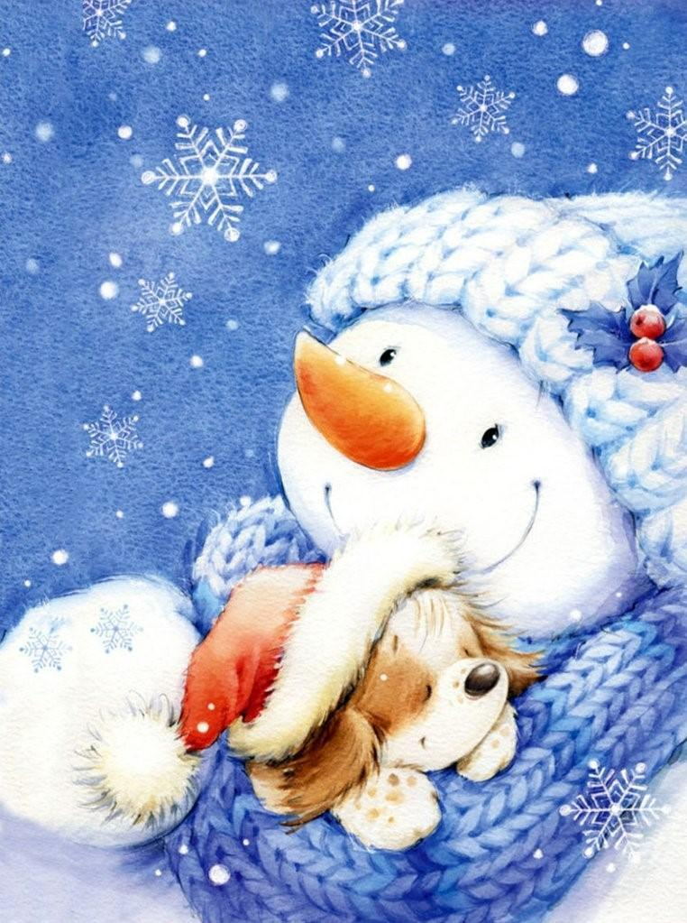 Een Sneeuwpop met een Blauwe Muts die een Gevlekt Hondje Vasthoudt Diamond Painting